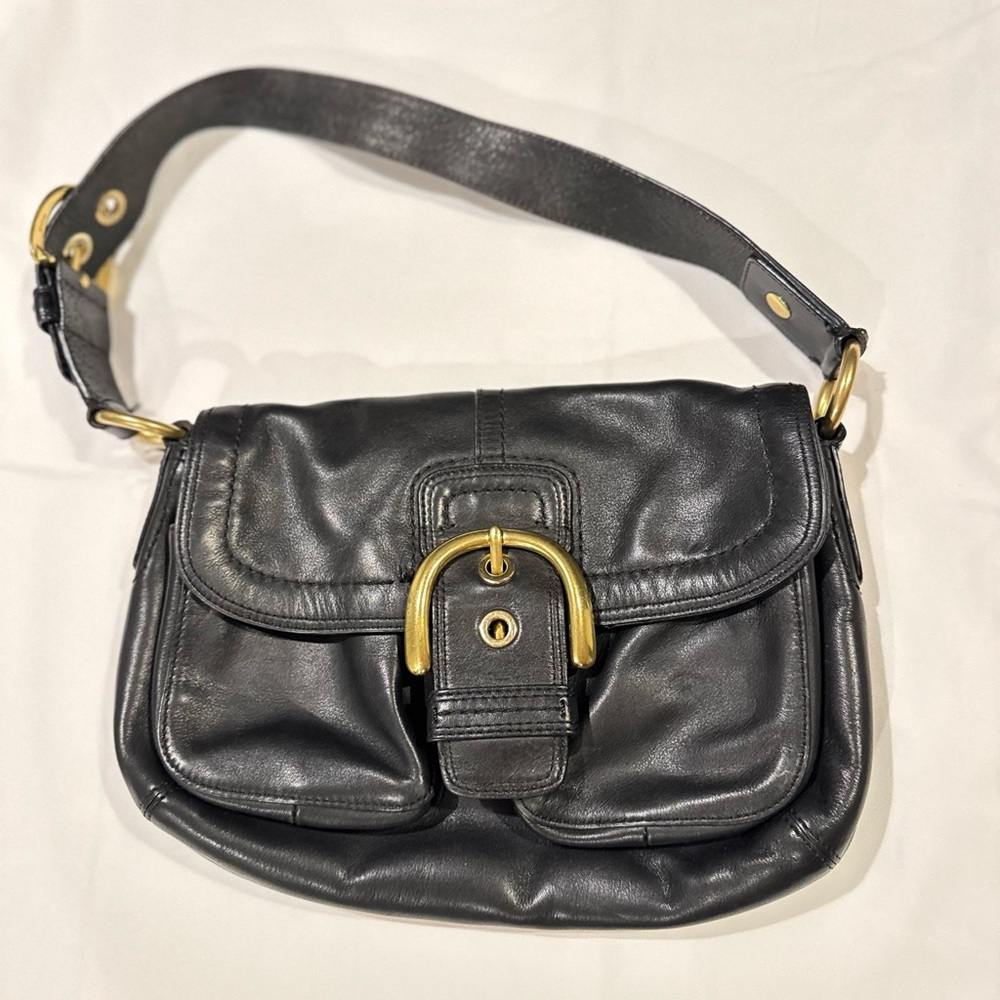 Coach Soho Black Leather Flap Shoulder Bag with Gold Buckle
